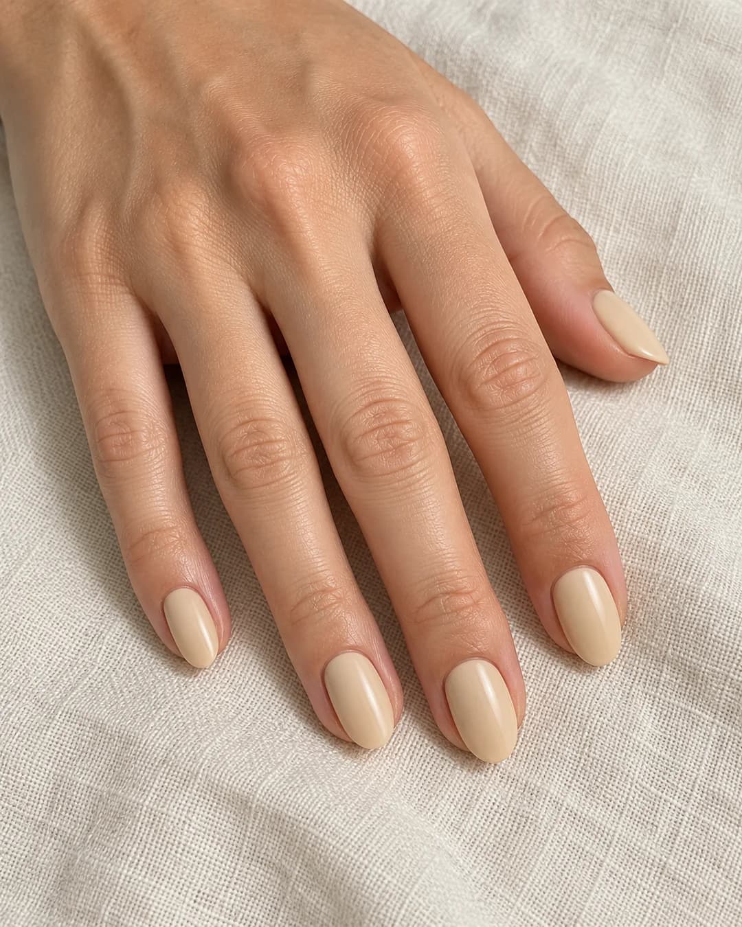 Uñas cortas ovaladas de color beige cálido cremoso uniforme y acabado satinado. Detalle de las uñas.