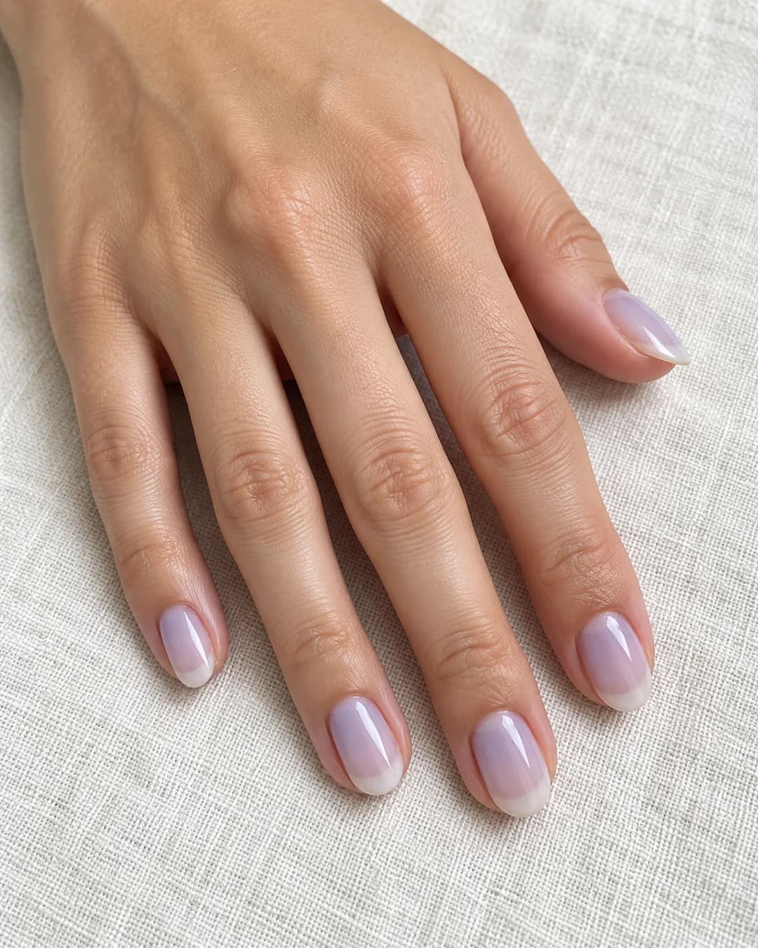 Uñas cortas ovaladas de color azul lavanda translúcido y acabado satinado. Detalle de las uñas.