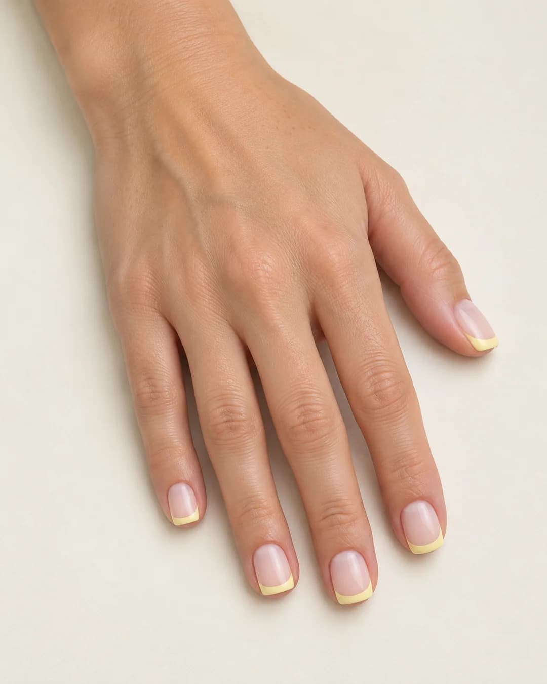 Uñas de forma cuadrada y longitud corta, en base lechosa translúcida y puntas francesas amarillo mantequilla, con esquinas suaves. Detalle de las uñas.