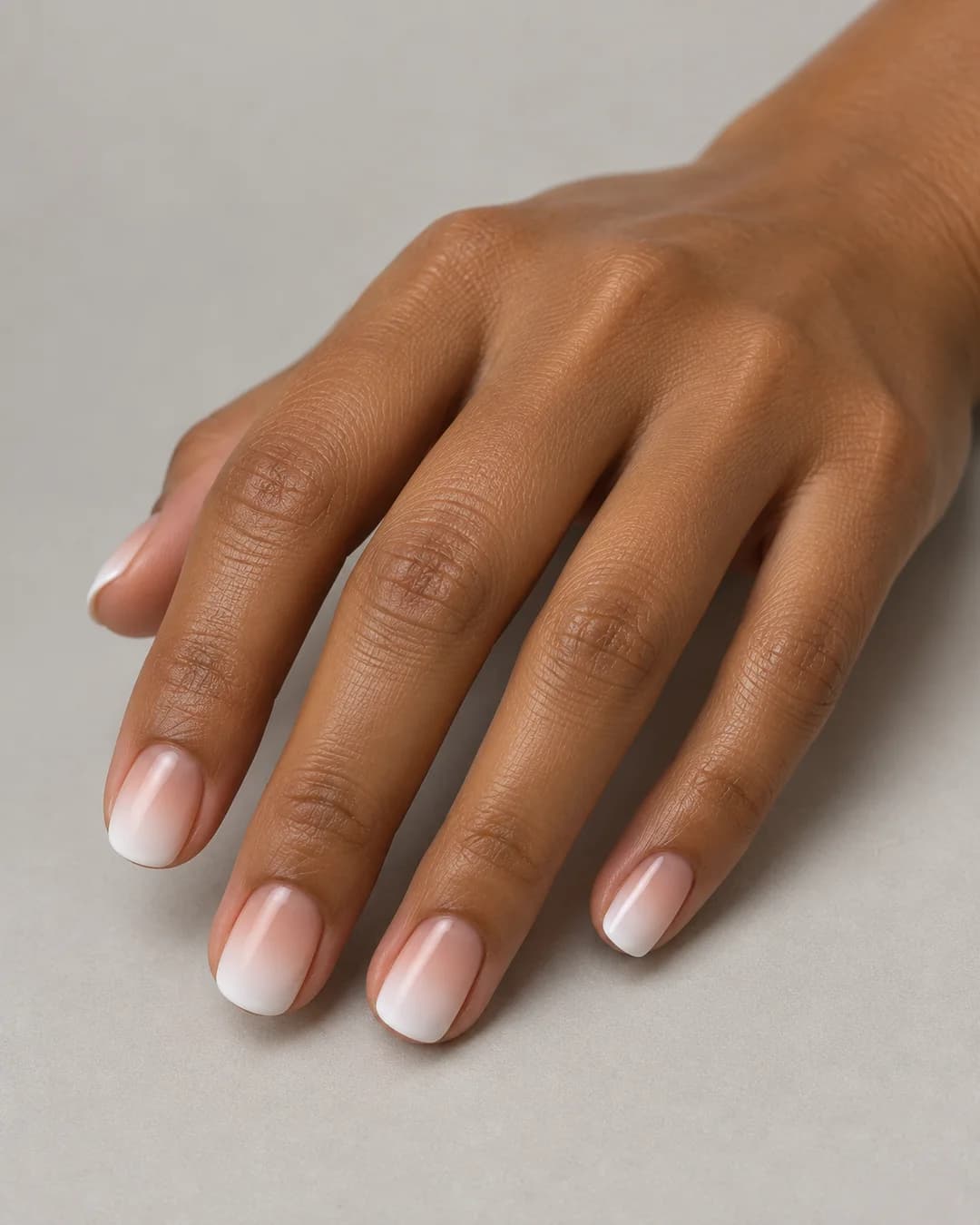 Uñas cortas cuadradas de bordes redondeados con degradado suave de nude cálido a blanco lechoso y acabado satinado. Vista oblicua de la mano.