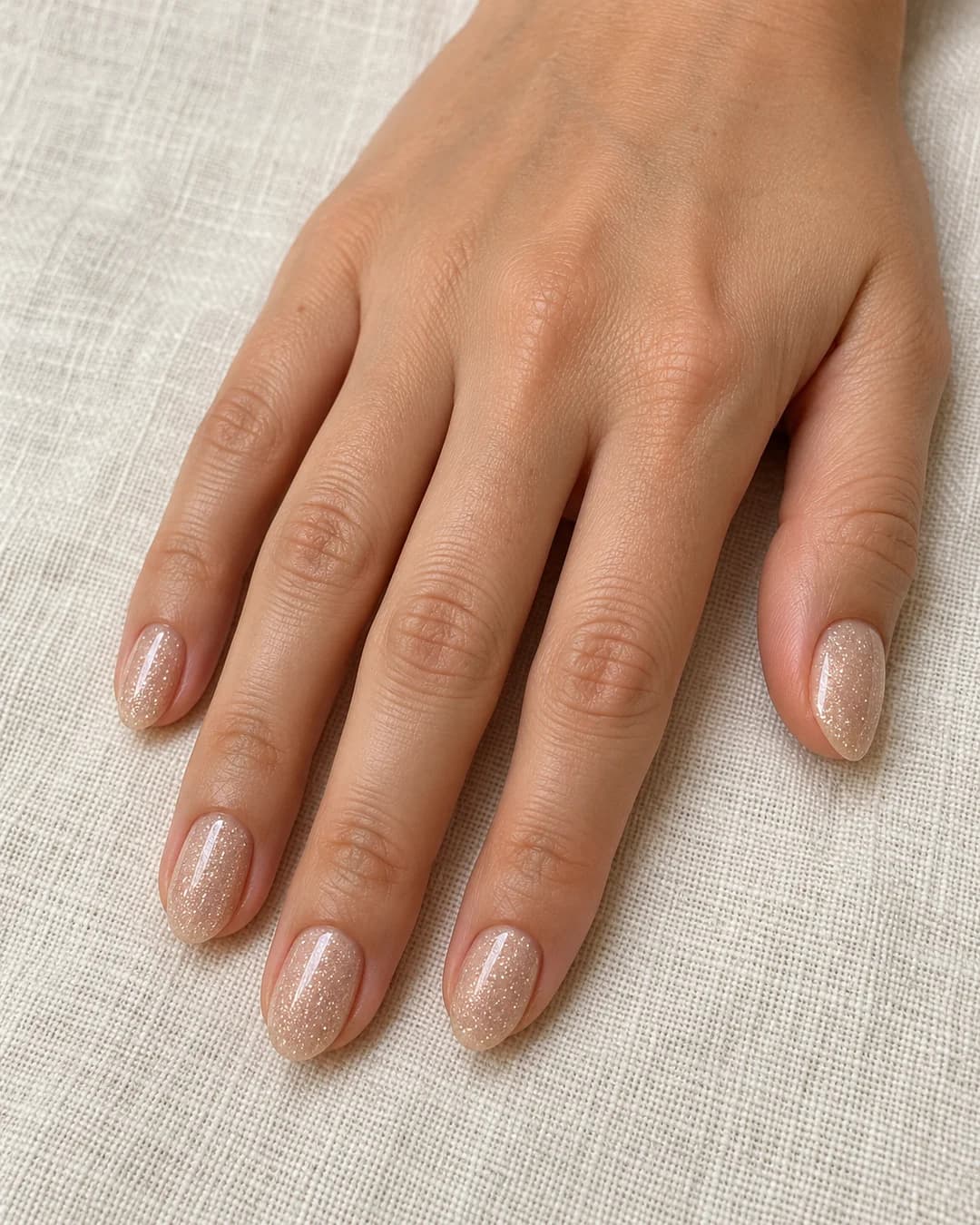 Uñas cortas almendradas con base nude y purpurina fina de color dorado champán. Detalle de las uñas.