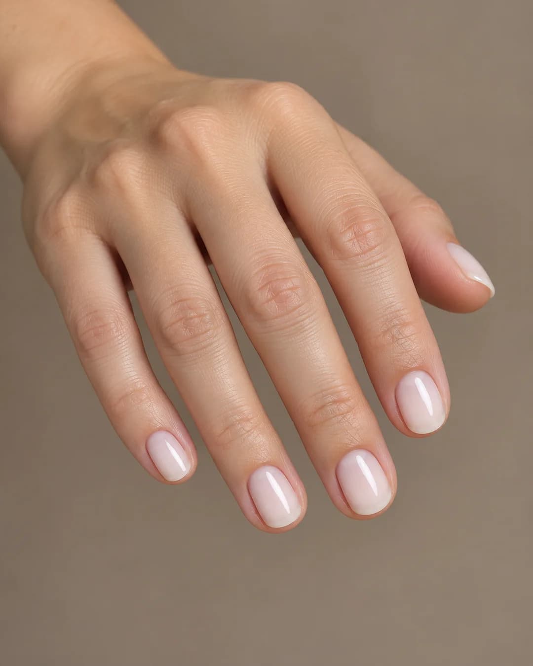 Uñas cortas redondeadas en blanco lechoso translúcido y brillante, con el borde natural visible. Vista oblicua de la mano.