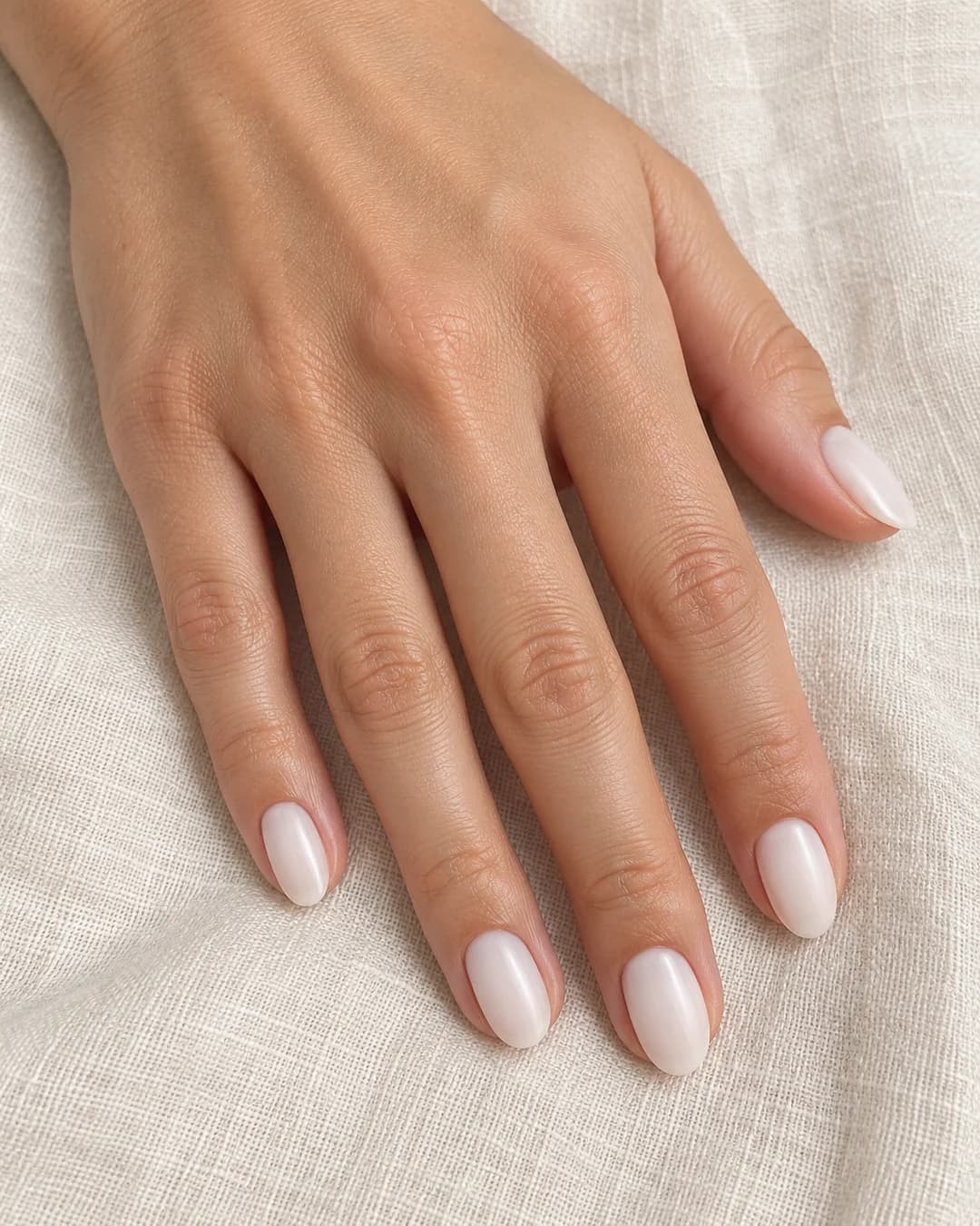 Uñas cortas ovaladas de color blanco lechoso uniforme y acabado satinado. Detalle de las uñas.
