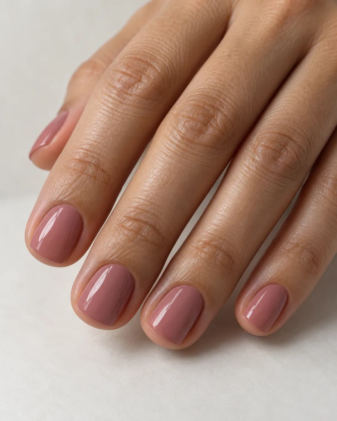 Uñas cortas cuadradas de esquinas suaves en rosa empolvado y acabado brillante. Detalle del borde.