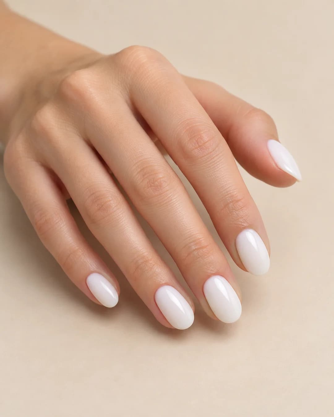 Mano de piel clara con uñas ovaladas de largo medio en blanco lechoso brillante. Vista oblicua de la mano.