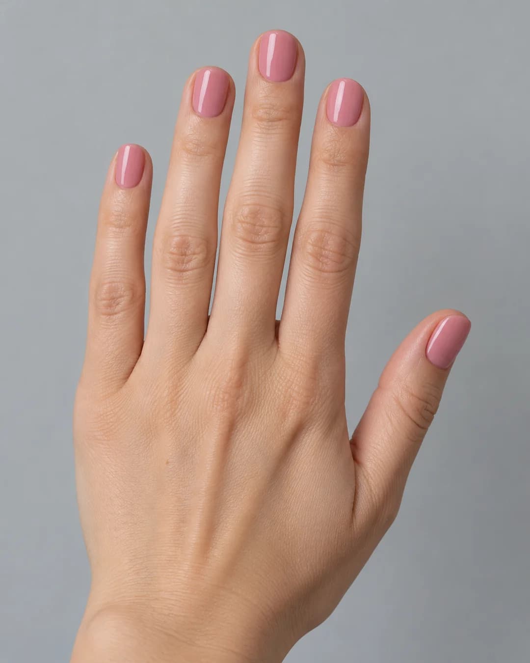 Mano de piel clara con uñas cortas redondeadas en rosado brillante. Detalle de las uñas.