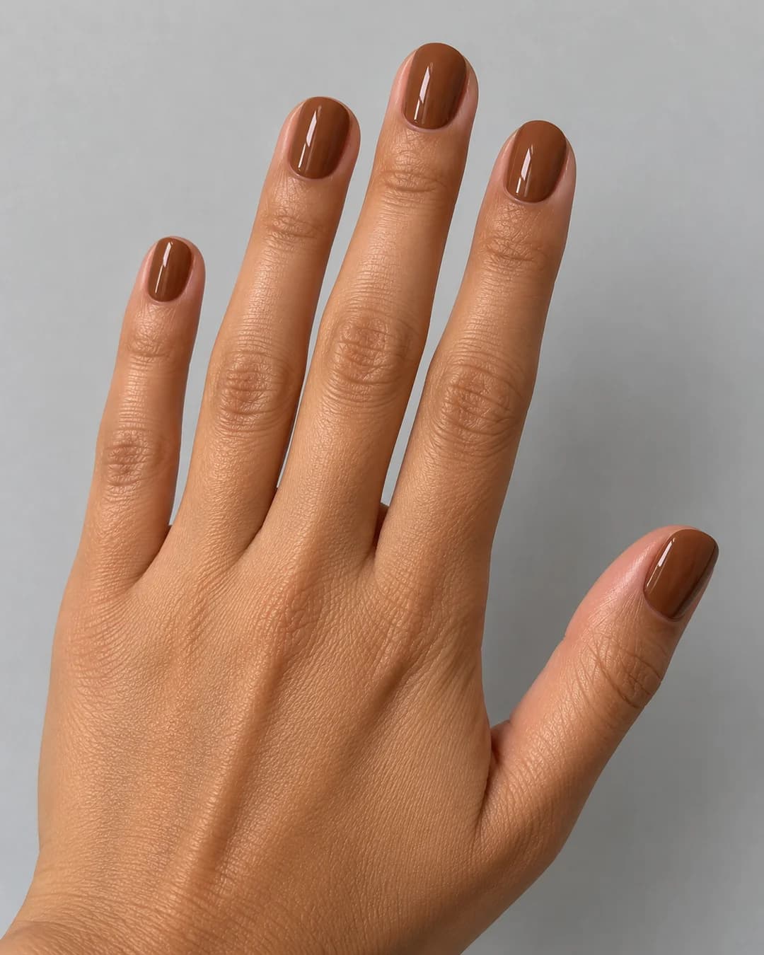 Mano de piel tostada con uñas cortas redondeadas en caramelo brillante. Detalle de las uñas.