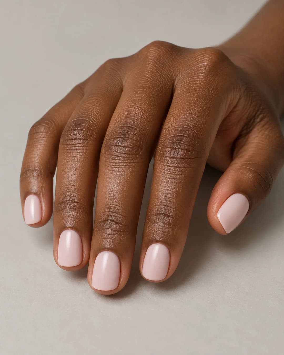 Uñas cortas cuadradas de bordes redondeados de color rosa muy pálido con matiz beige y acabado satinado. Vista oblicua de la mano.