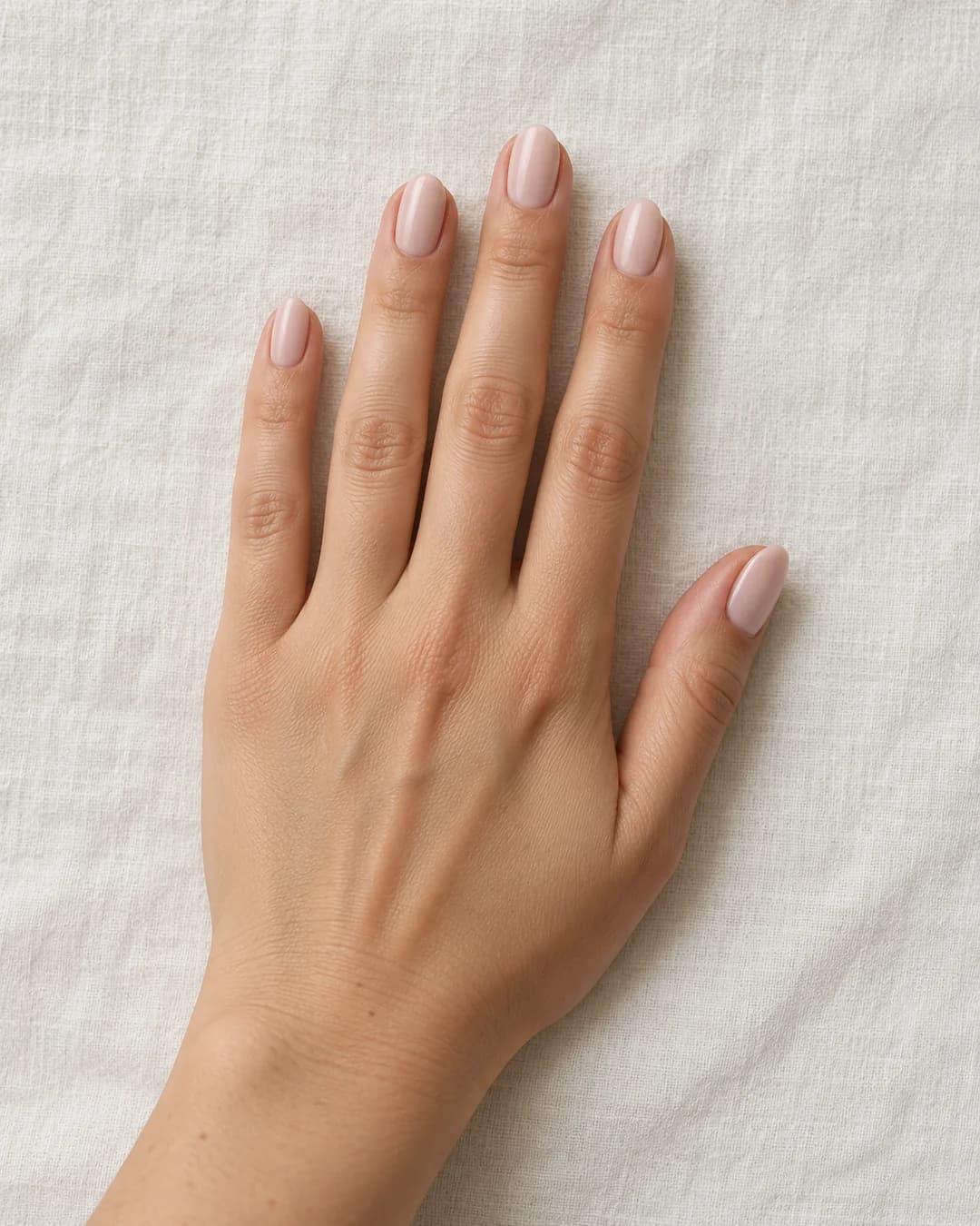 Uñas cortas ovaladas de color rosa muy pálido con matiz beige y acabado satinado. Detalle de las uñas.