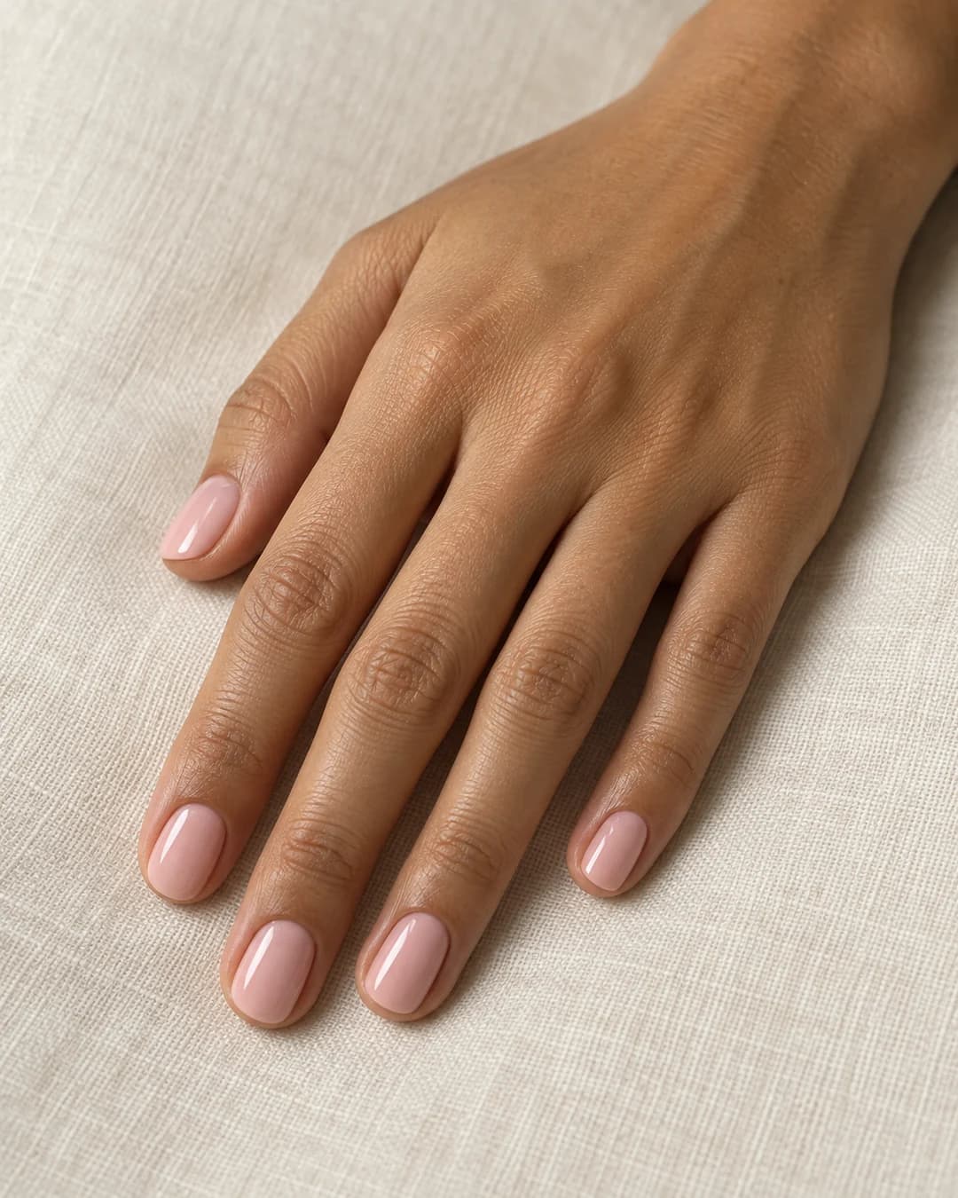 Mano adulta de piel media cálida con uñas cortas redondas en rosa empolvado brillante.