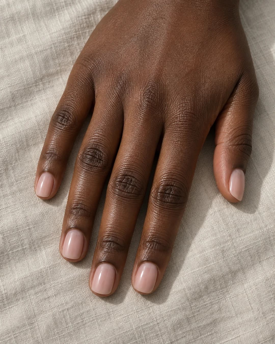 Cinco uñas cortas squoval en nude rosa lechoso sobre piel oscura, con las puntas a ras del dedo.