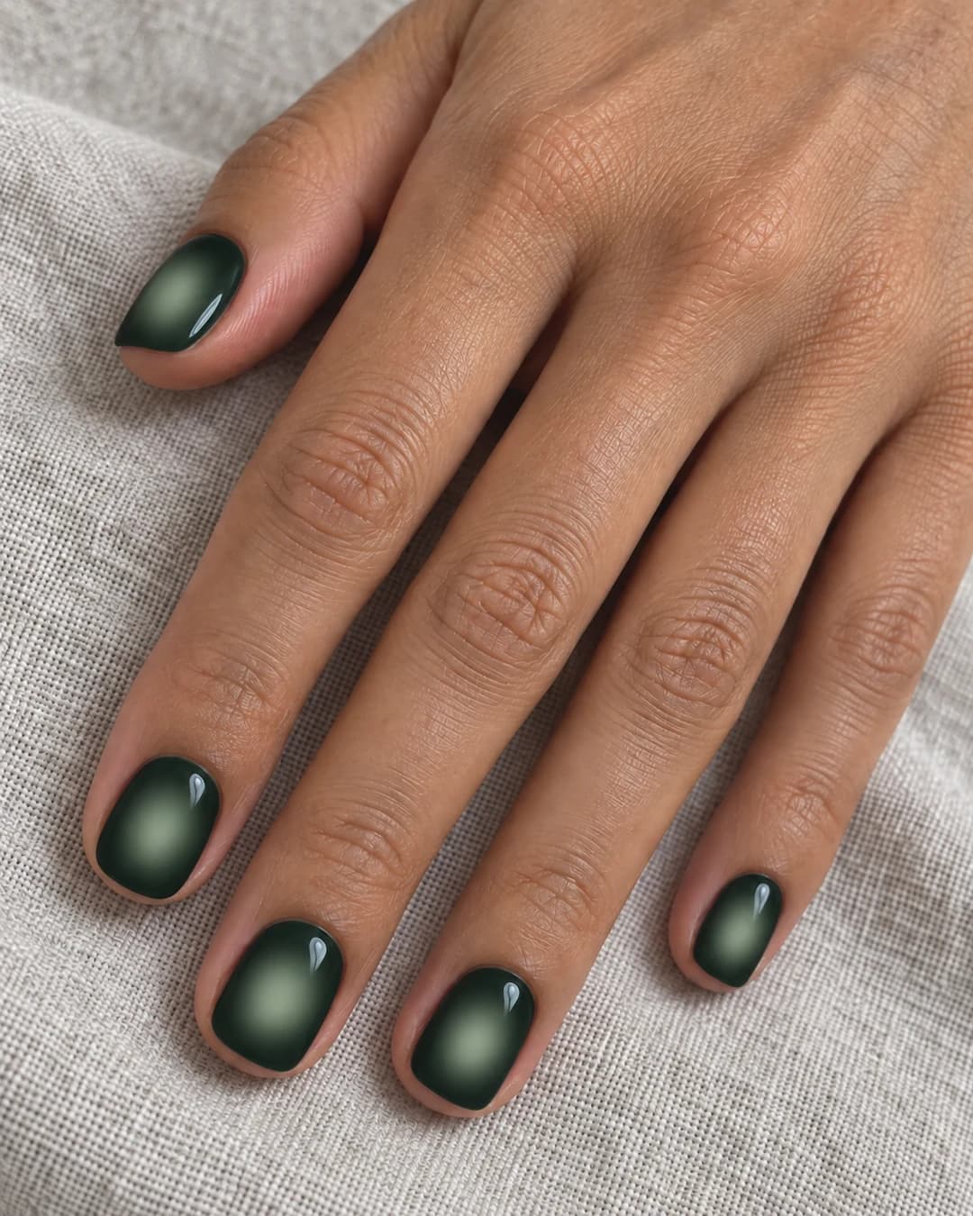 Mano adulta con cinco uñas squoval cortas en verde bosque y halo salvia difuminado en el centro de cada uña.