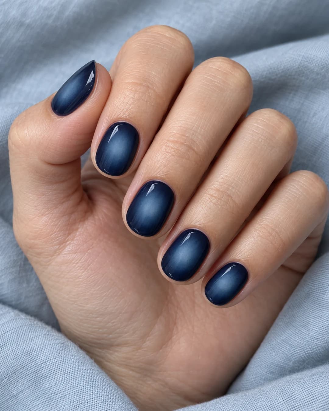 Mano adulta de piel clara con cinco uñas ovaladas cortas en azul noche y halo azul denim difuminado en el centro.