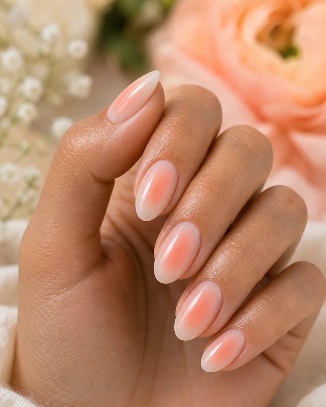 Uñas cortas con efecto aura radial melocotón pastel suave