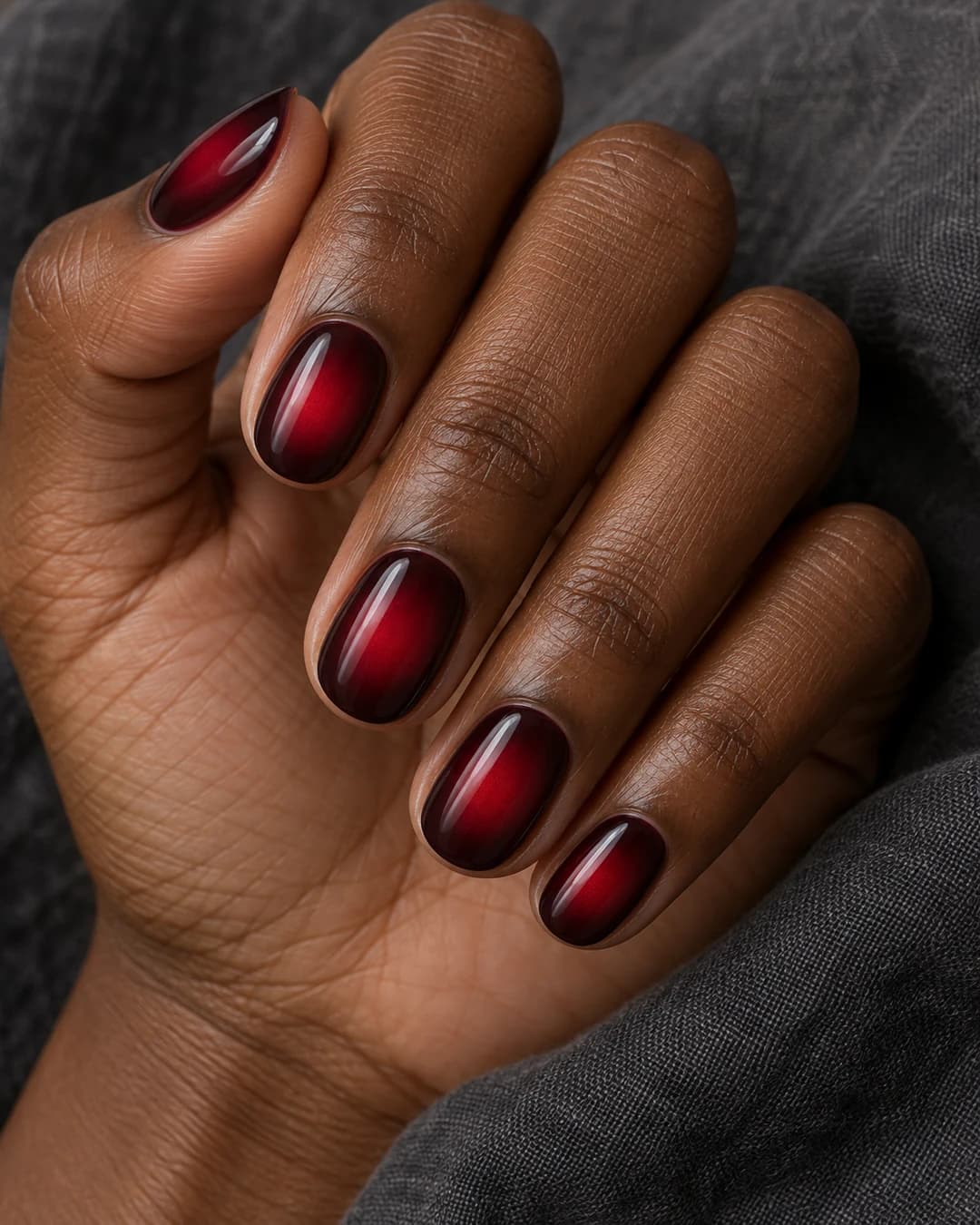 Mano adulta de piel morena profunda con cinco uñas ovaladas cortas: base merlot y halo rojo manzana difuminado en el centro.