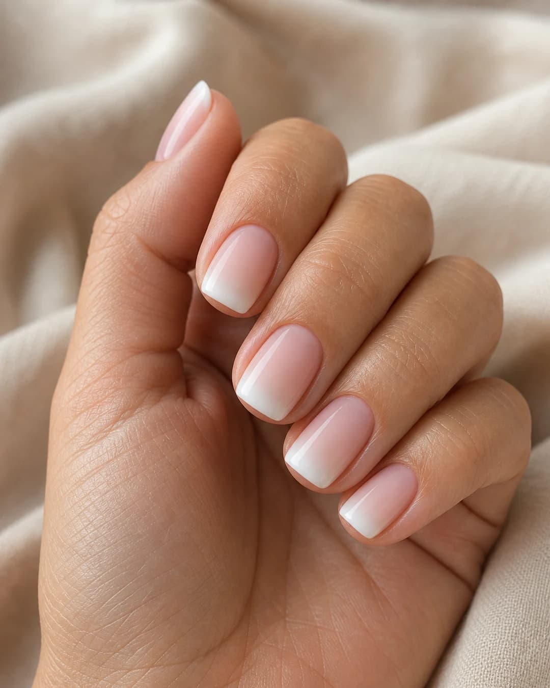 Baby boomer sobre uñas cortas cuadradas con esquinas suaves
