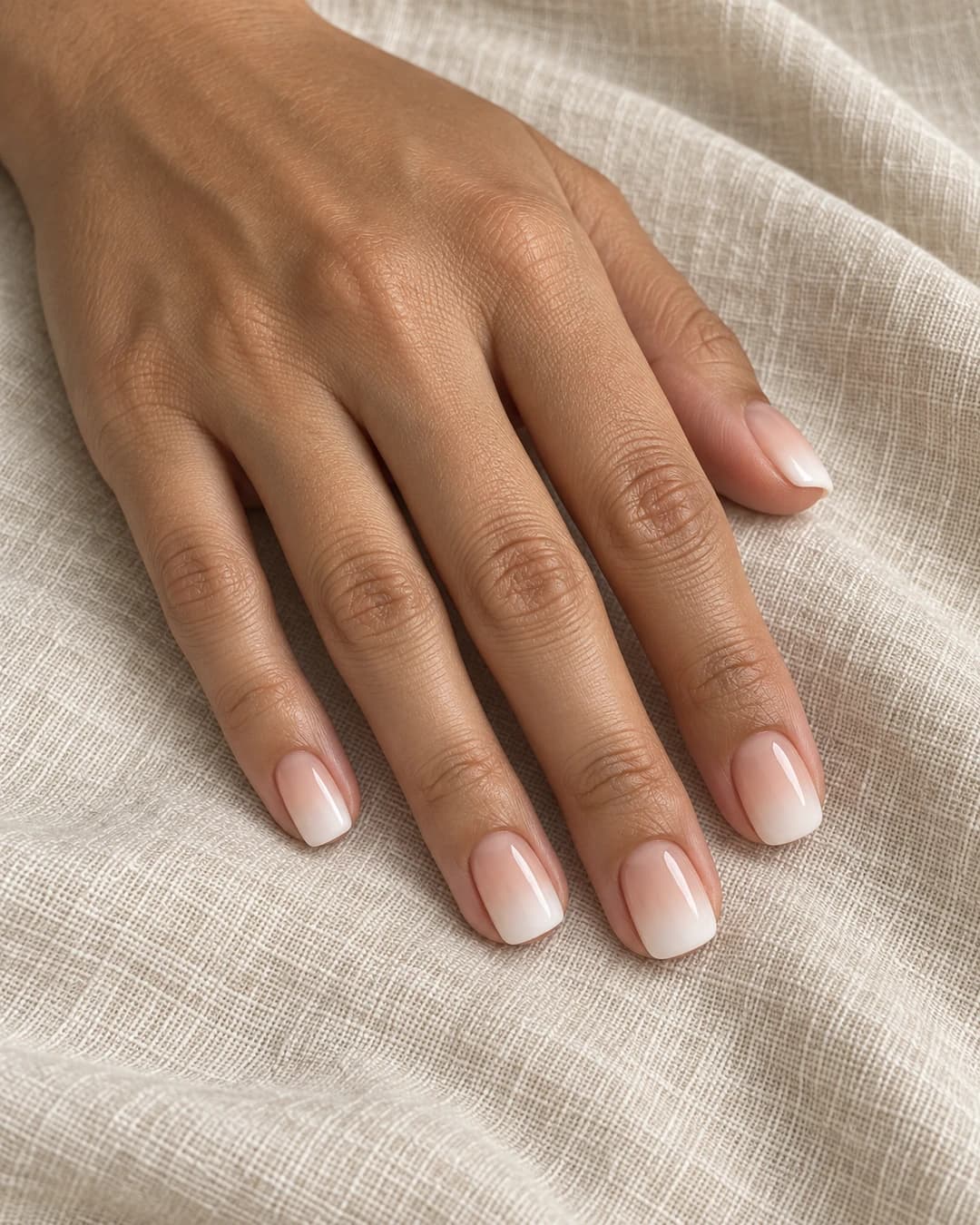Uñas cortas cuadradas de esquinas suaves con transición nude melocotón a marfil sobre piel oliva.