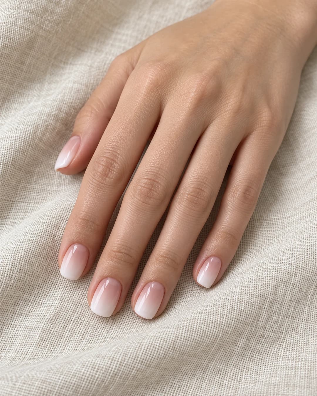 Uñas almendradas medias con degradado suave de rosa translúcido a blanco lechoso sobre piel clara.