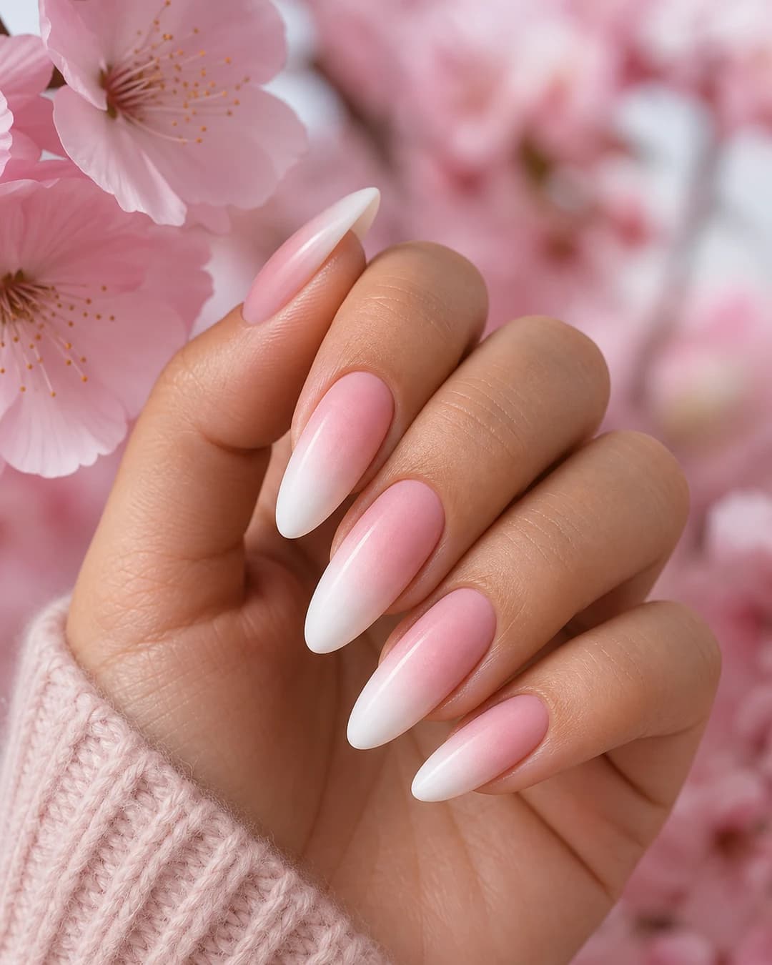 Baby boomer rosa pétalo en uñas almendradas, acabado satinado