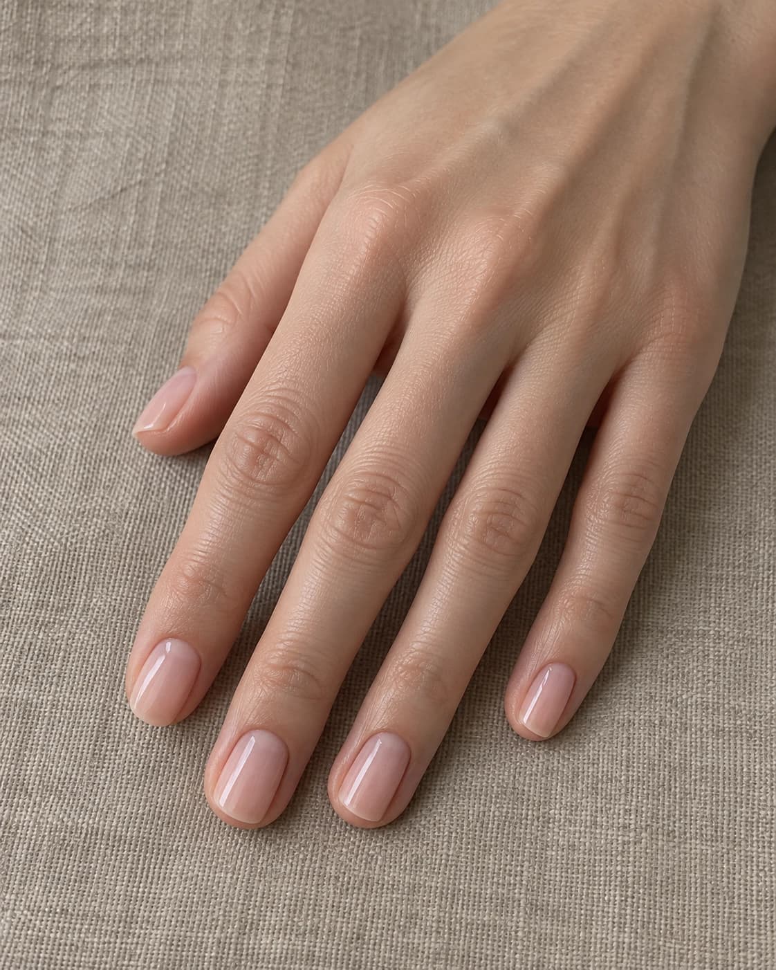 Uñas cortas squoval en beige rosado translúcido sobre una mano adulta de piel clara.