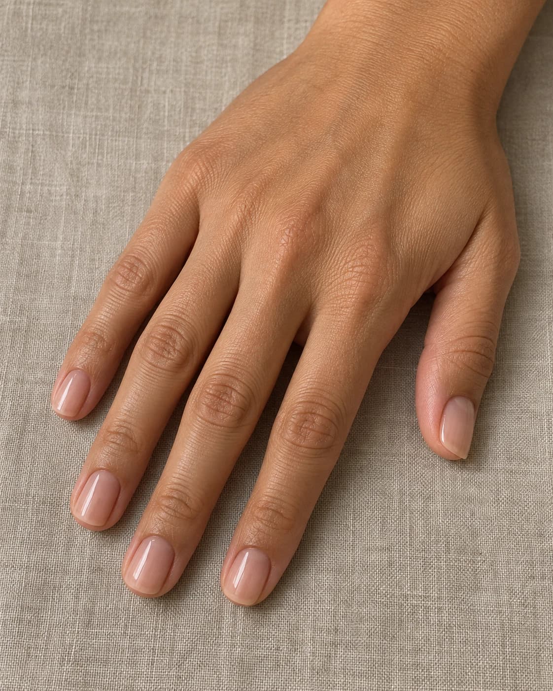Uñas cortas squoval en melocotón beige translúcido sobre una mano adulta de piel oliva media.