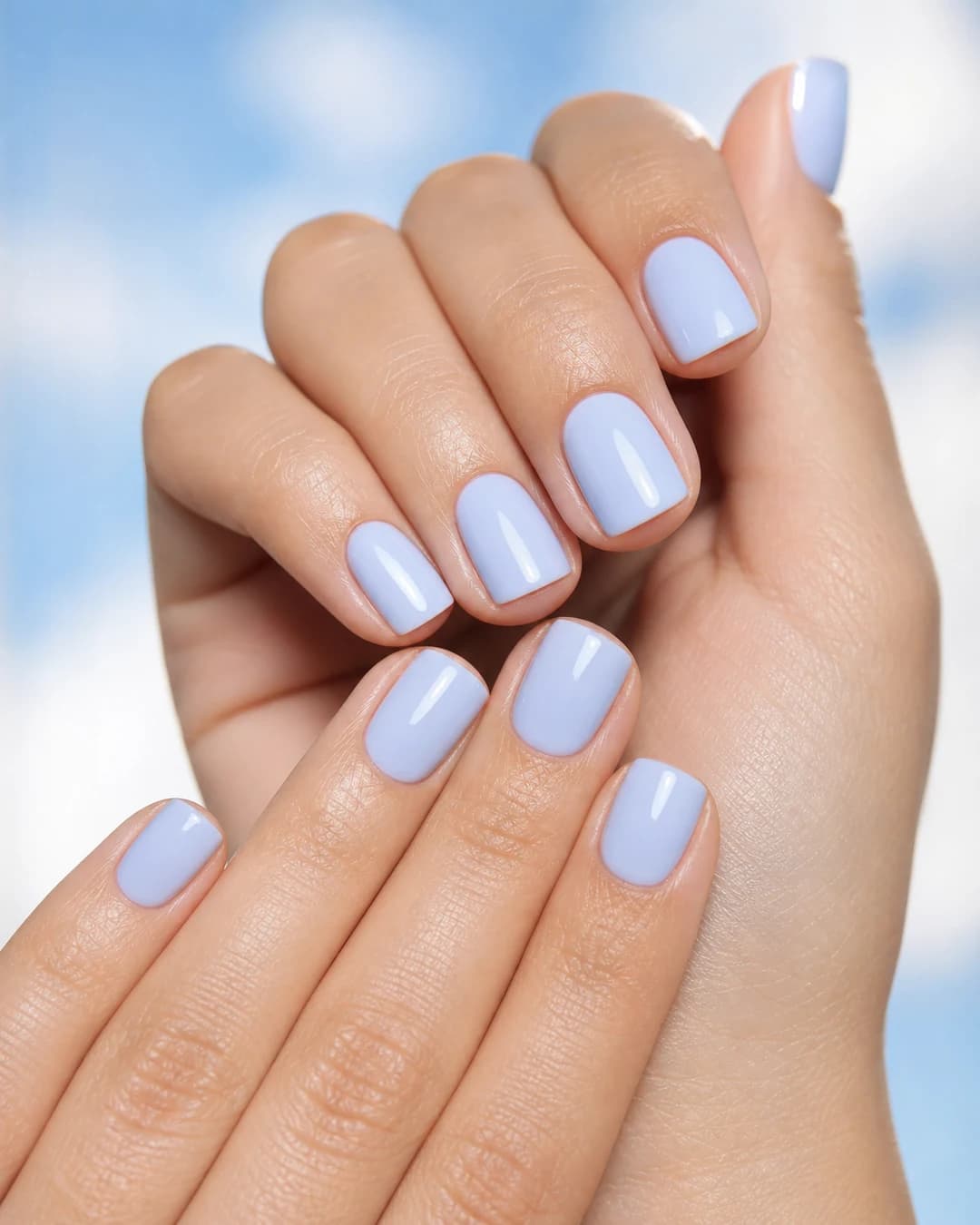 Uñas cortas cuadradas soft con blueberry milk azul pastel lechoso minimalista veraniego