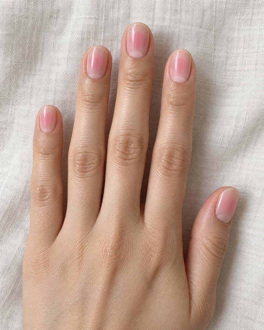 Mano adulta de piel clara con cinco uñas cortas ovaladas en nude translúcido y velo rosa pétalo difuminado en el centro.