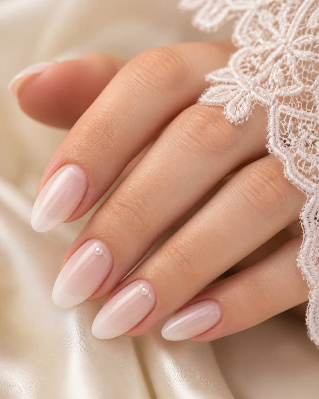 Manicura de novia con baby boomer suave y una perla diminuta en el anular
