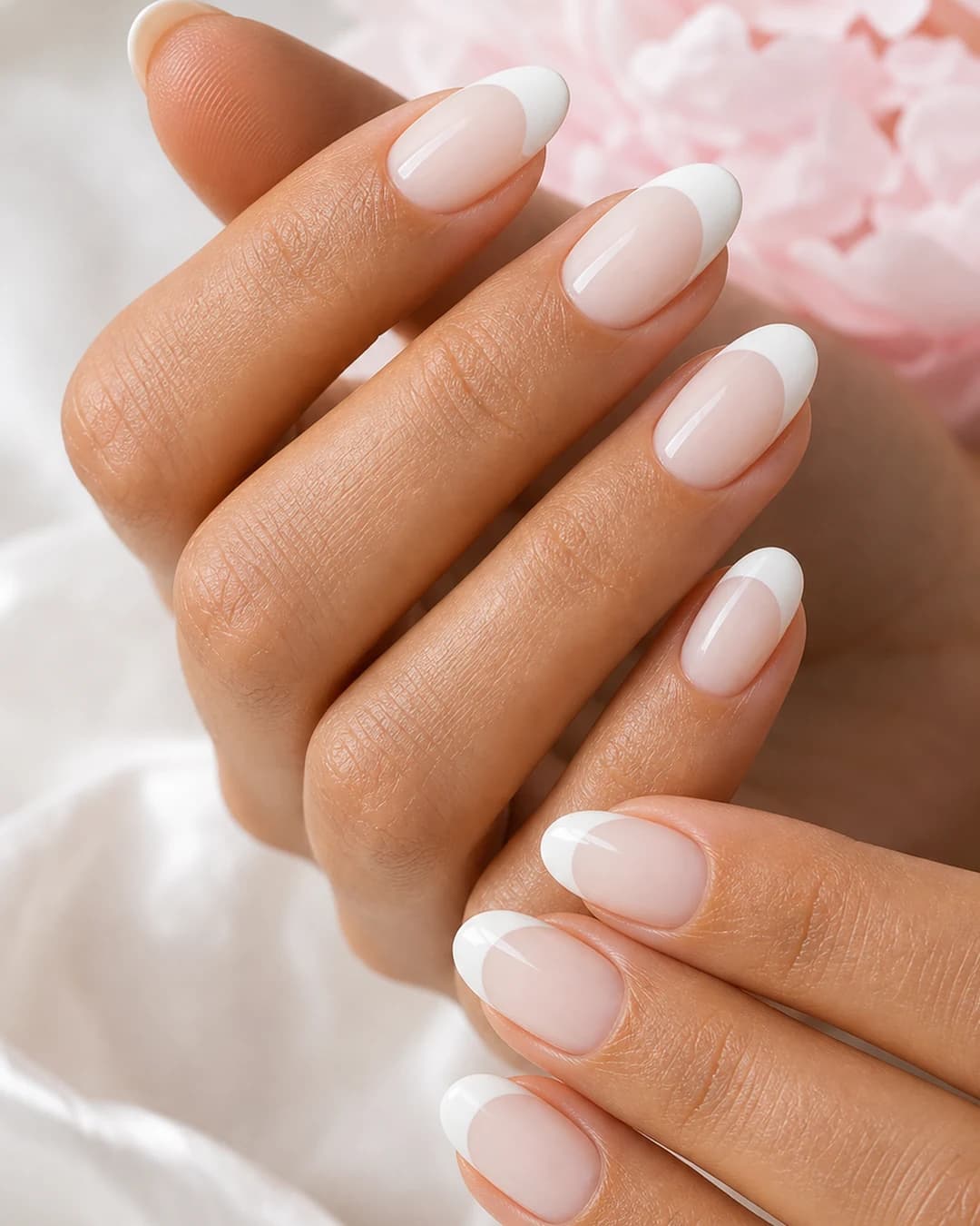 Uñas almendradas medias con bubble french clásica: base milky y burbuja blanca opaca centrada en la punta
