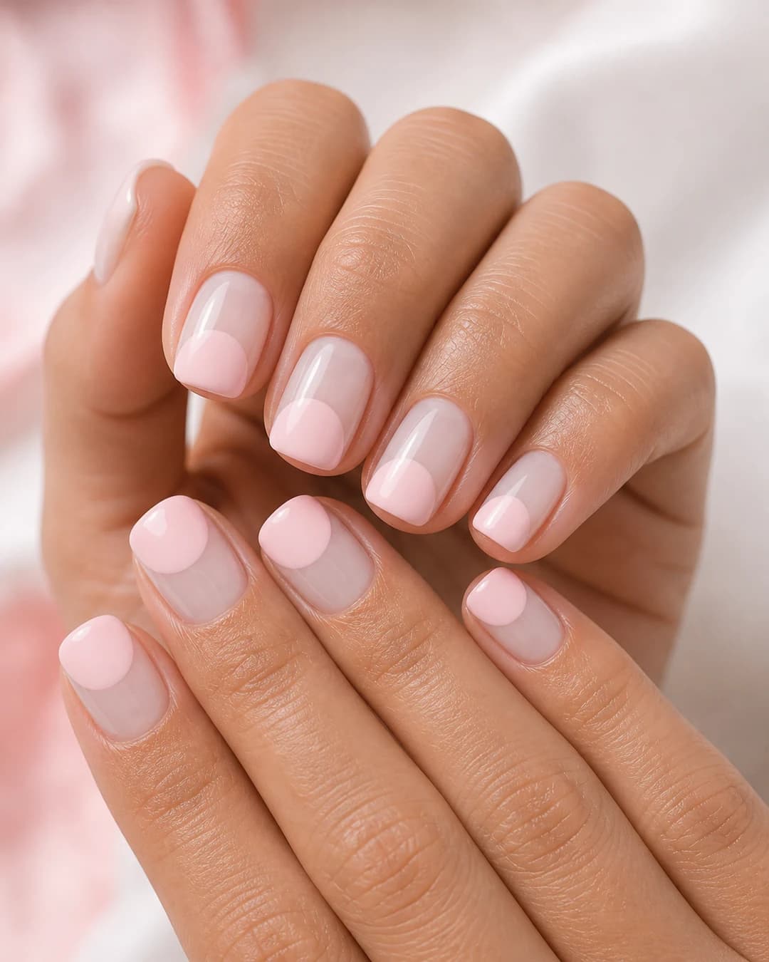 Uñas cuadradas soft cortas con bubble french rosa palo sobre base milky