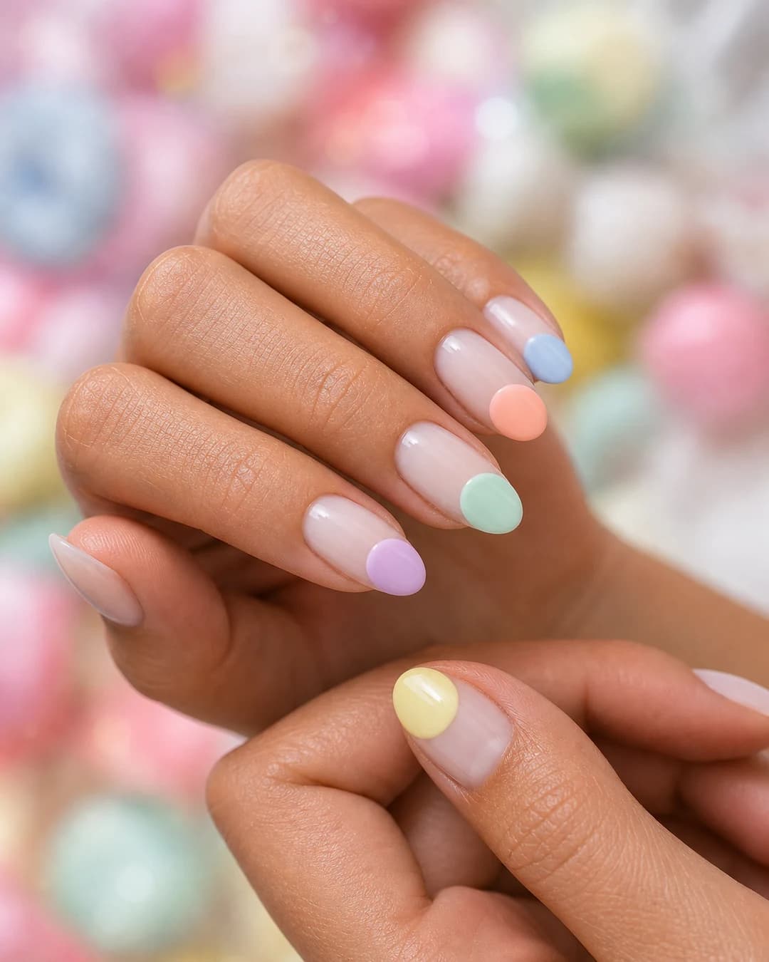 Uñas almendradas con cinco bubble french de colores pastel distintos en cada uña