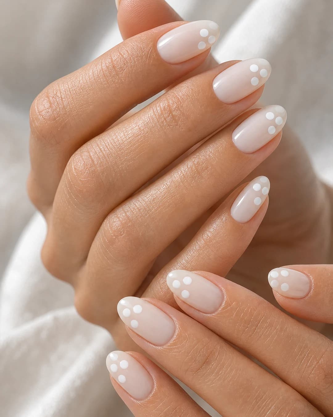 Uñas almendradas con bubble french múltiple: dos o tres burbujas pequeñas distribuidas en la punta