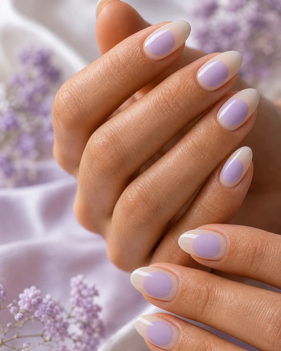 Uñas almendradas con bubble french en color lavanda pastel sobre base milky