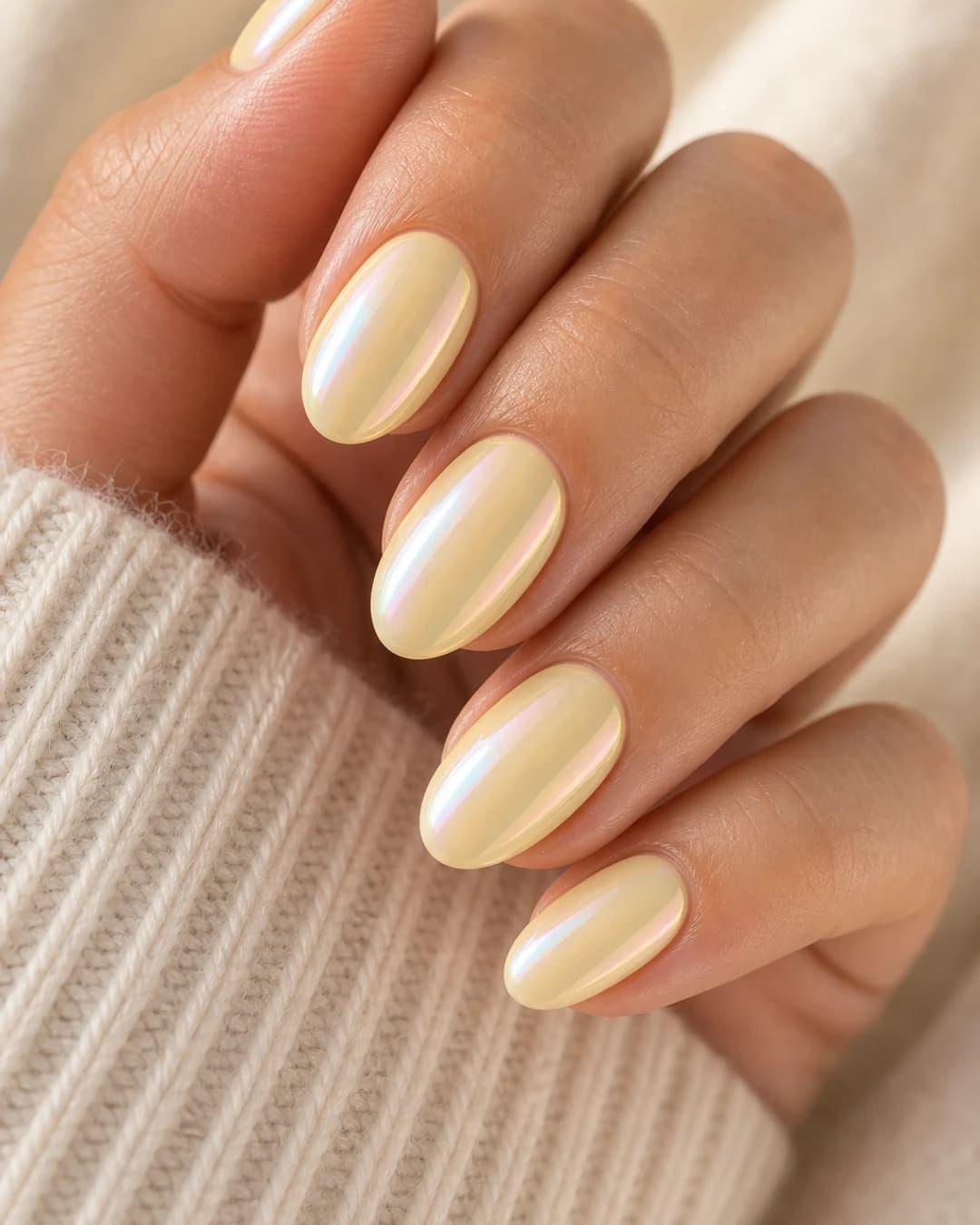 Uñas amarillo mantequilla con acabado cromado iridiscente candy shell 2026