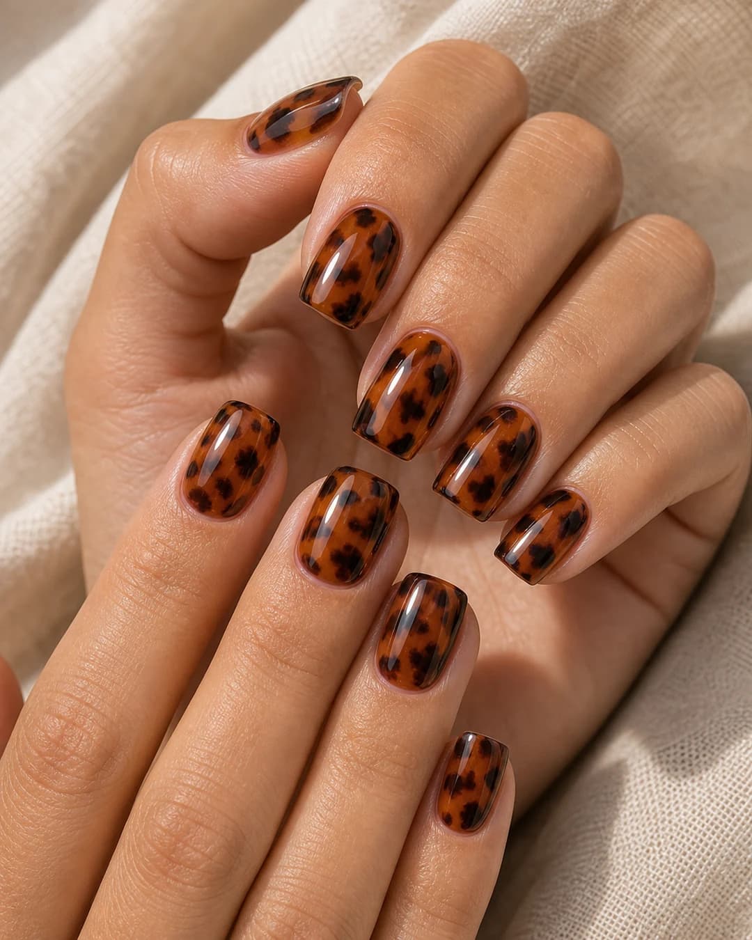 Uñas cuadradas soft de longitud media con patrón carey clásico chocolate y ámbar