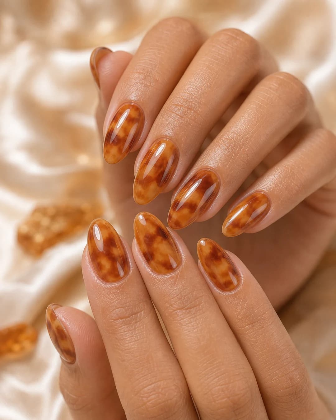 Uñas en almendrada media con carey en tonos miel ámbar y caramelo sin acentos negros