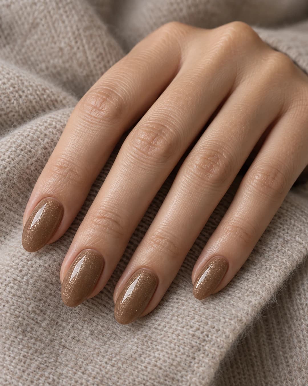 Mano de piel clara con uñas almendradas medias en camel cálido y microbrillo champán suave.