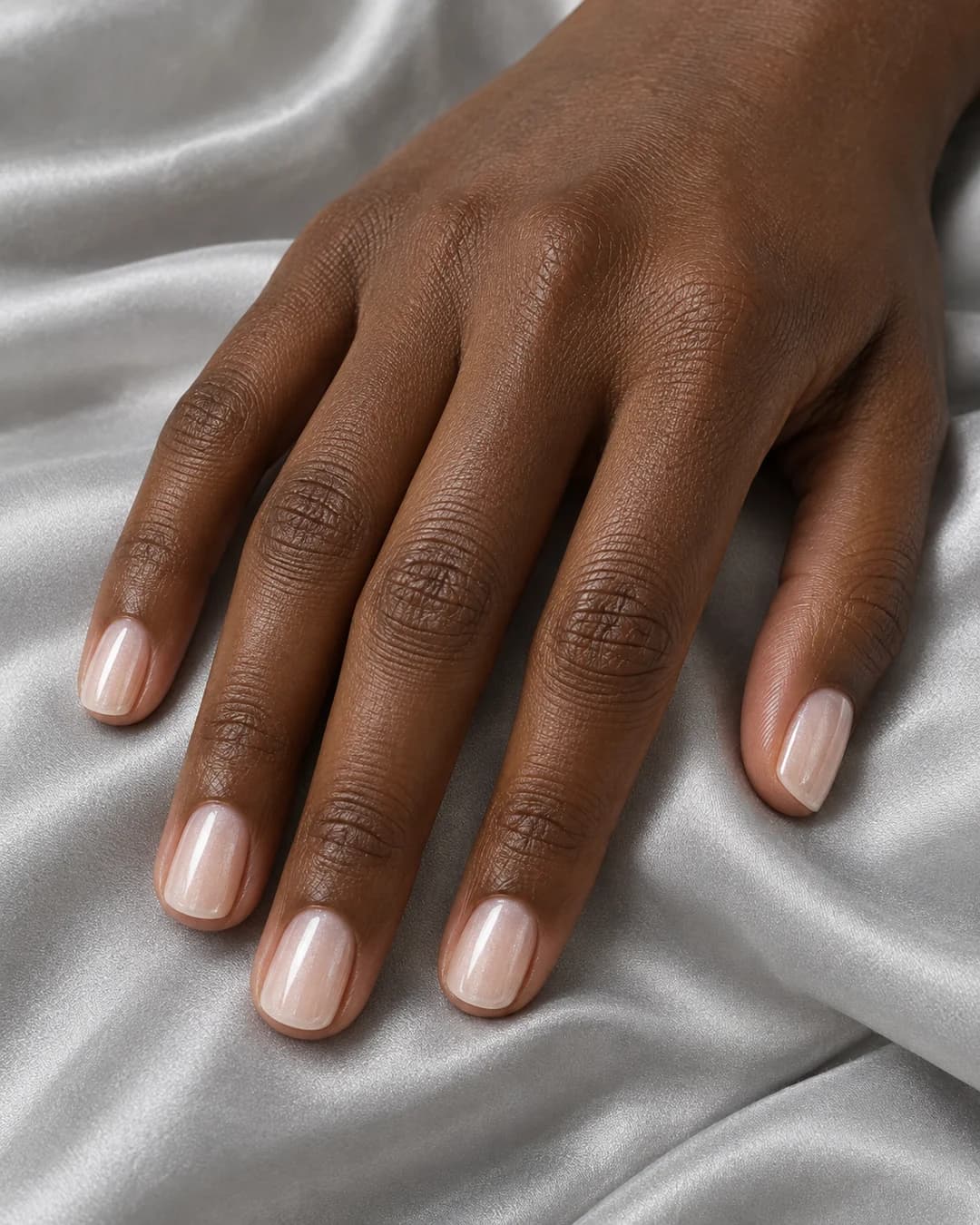 Mano adulta de piel marrón profunda con uñas cortas squoval en marfil translúcido y brillo perlado fino.