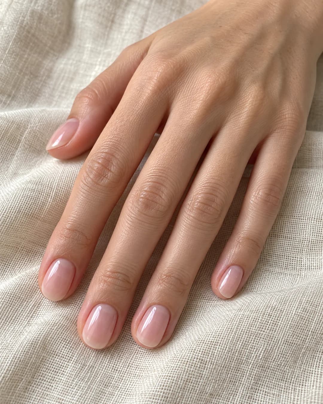Mano adulta de piel clara con uñas ovaladas cortas en rosa empolvado translúcido y reflejo nacarado discreto.