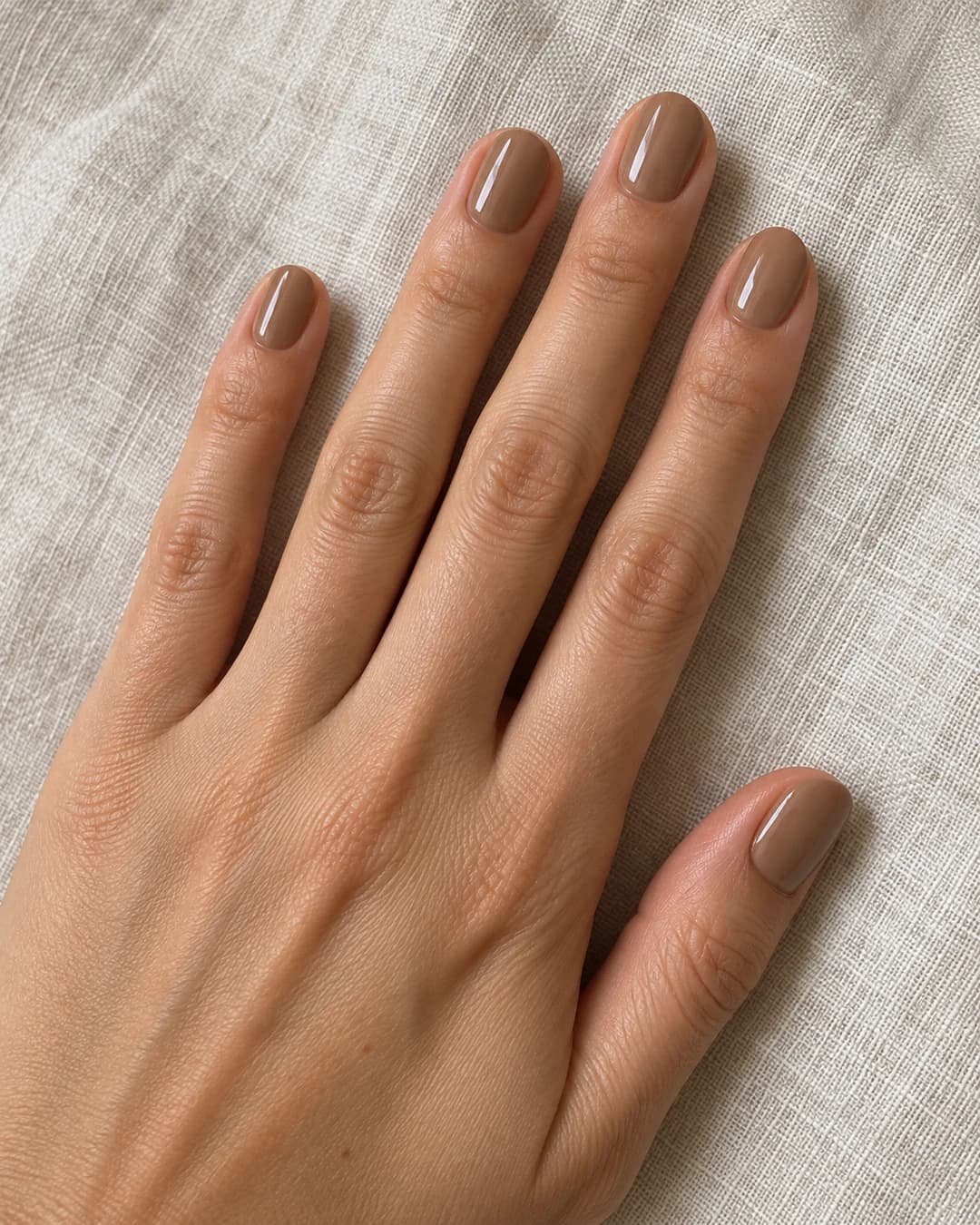 Uñas ovaladas cortas en marrón chai latte cremoso sobre piel clara.