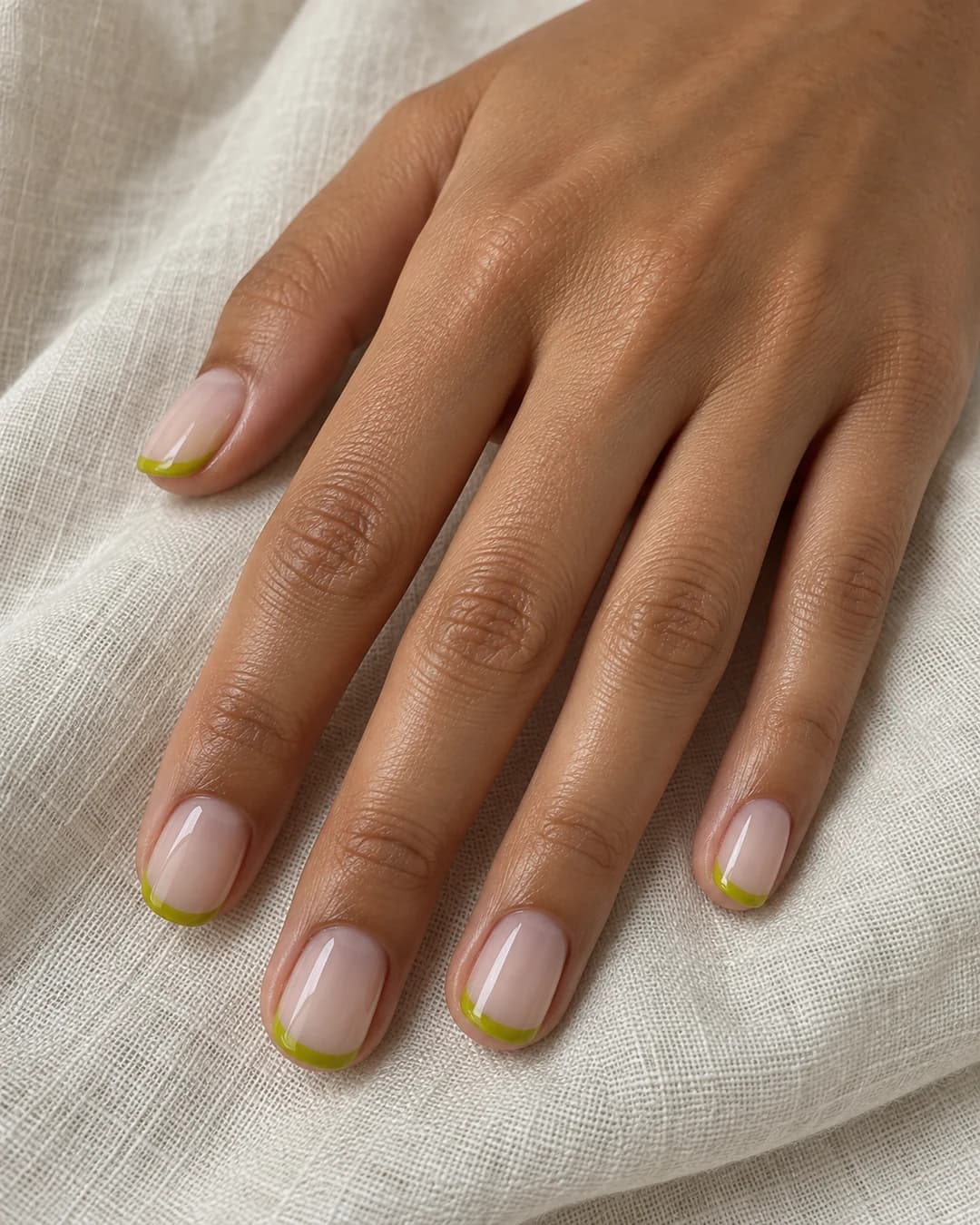 Mano de piel tostada media con uñas squoval cortas, base nude lechosa y puntas francesas finas chartreuse brillante.