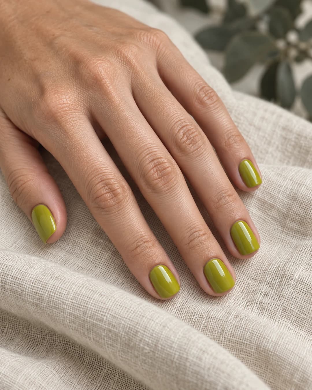 Mano con uñas cortas cuadradas en esmalte chartreuse verde oliva brillante sobre lino claro.