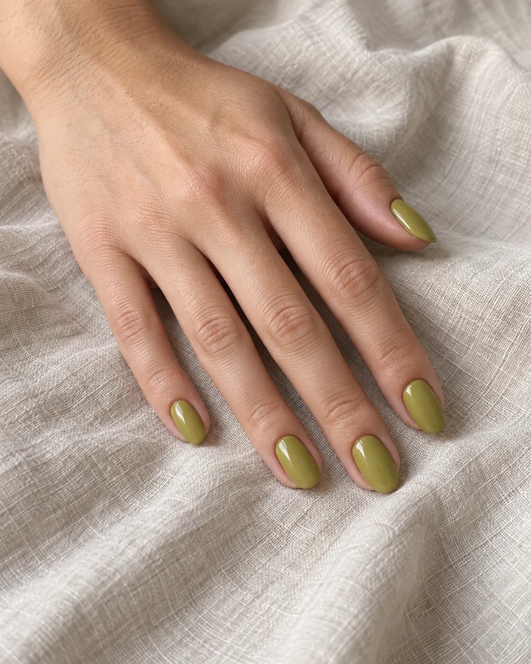 Mano de piel clara con uñas almendradas cortas esmaltadas en chartreuse suave de subtono musgo y brillo liso.