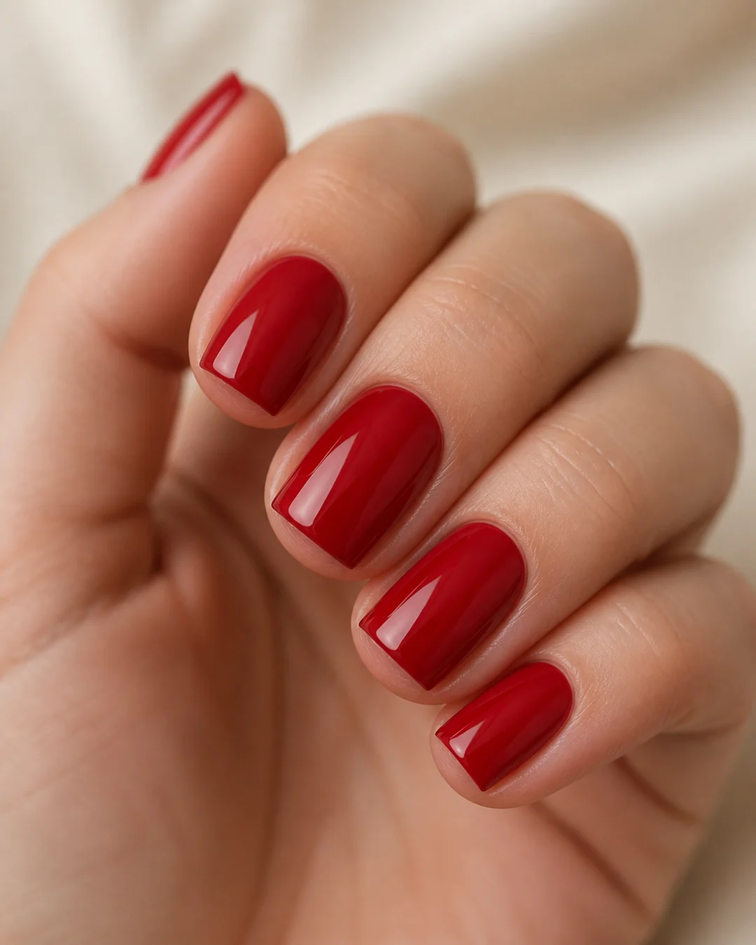 Uñas cortas cuadradas en rojo cereza brillante cherry red