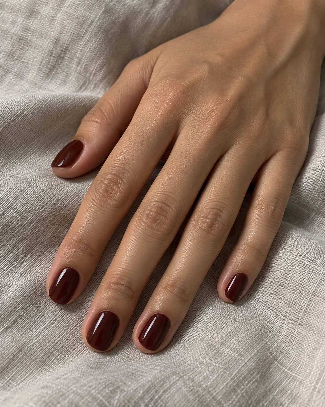 Mano adulta de piel oliva media con uñas cortas squoval en marrón chilli chocolate brillante.