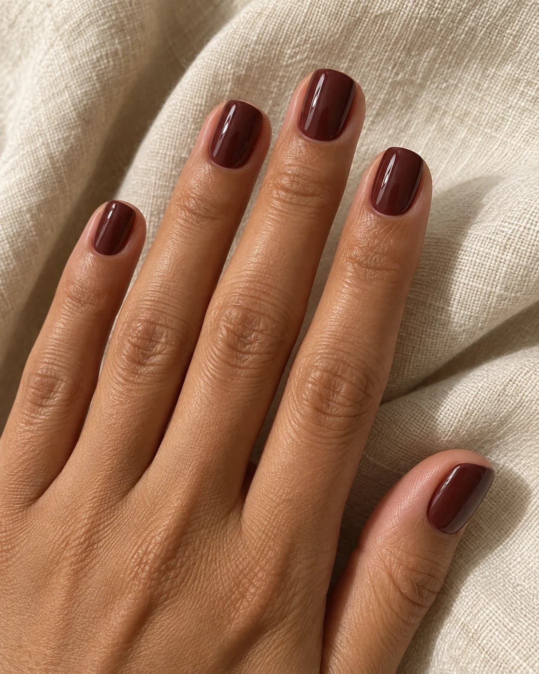 Mano adulta de piel canela media con uñas cortas cuadradas en marrón chocolate rojizo brillante.