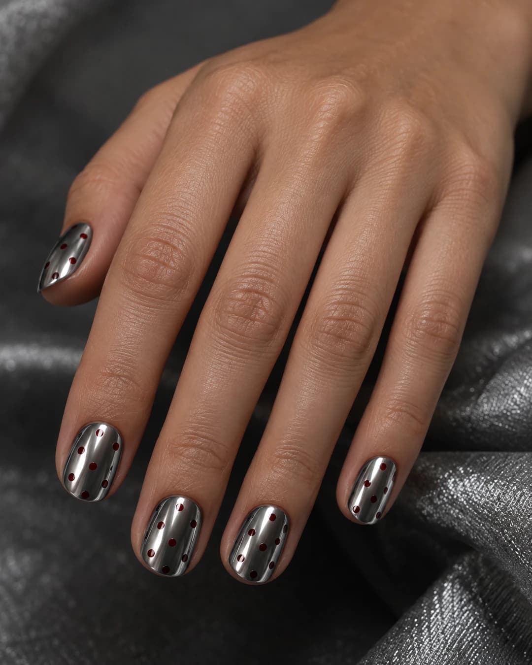 Mano con uñas ovaladas cromadas en plata ahumada y pequeños puntos rojo cereza.