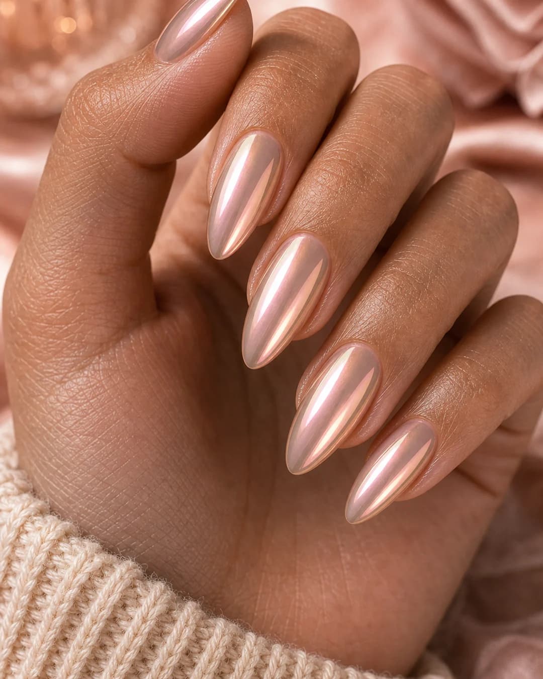 Uñas glazed donut en chrome rose gold iridiscente