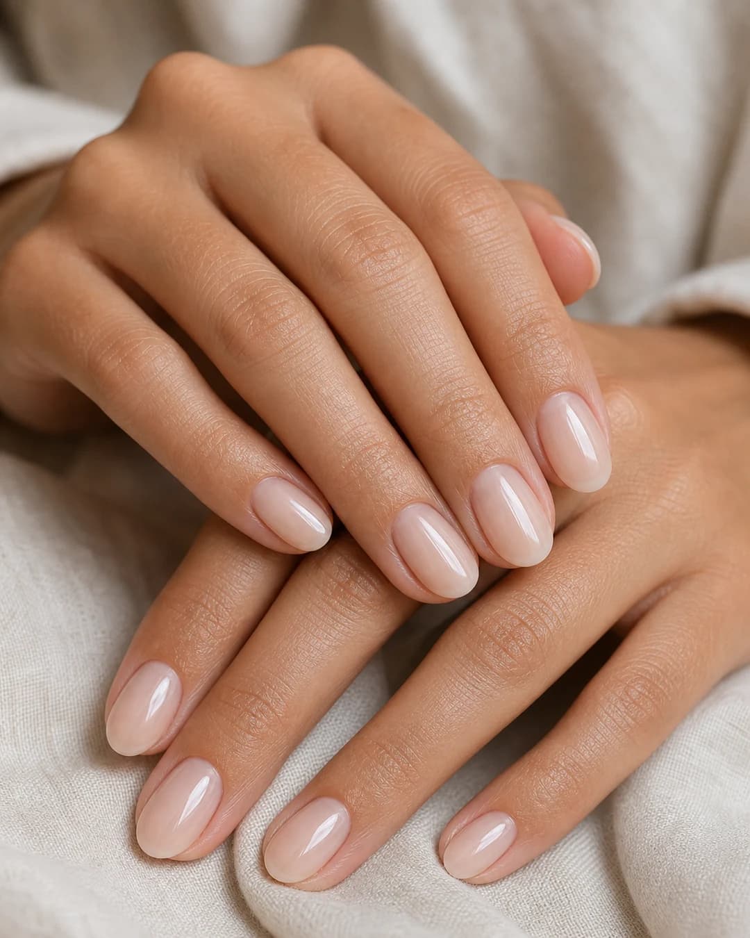 Uñas cortas en nude lechoso con glass top coat sin decoración