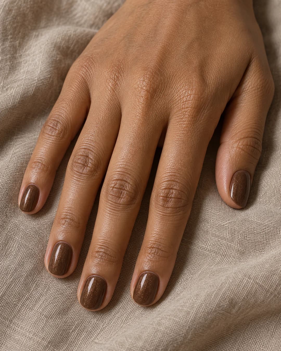 Mano de piel media con uñas ovaladas cortas en marrón cacao y microdestellos bronce discretos.